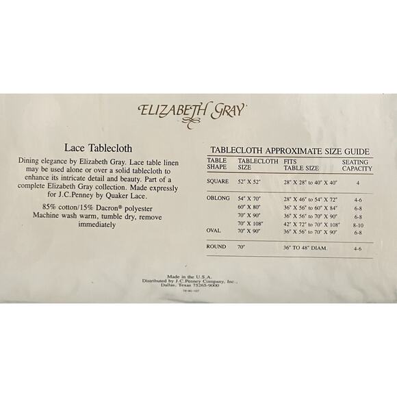 Vtg Elizabeth Gray Lace Tablecloth 70X108 Oblong 8-10 Seating Capacity Ivory NIP - Picture 3 of 3